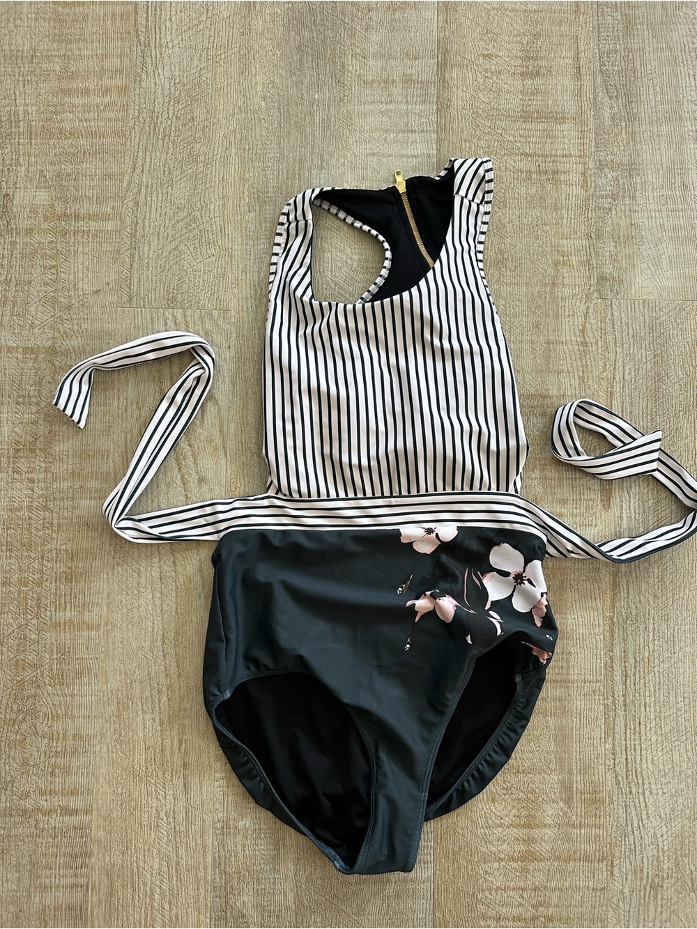 Albion Black & White Vertical Stripe Halter Swimsuit